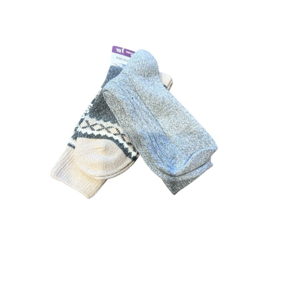 Muk Luks 2 Pair Women’s Crew Socks Sizes 6-11 Gray Tan Fair Isle NWT